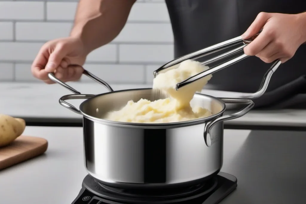 A person using a stainless steel potato masher to scoop mashed potatoes from a pot on an induction stove.