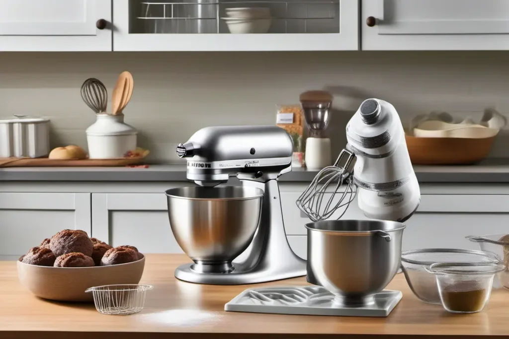 Two silver stand mixers with attachments on a wooden countertop in a modern kitchen.