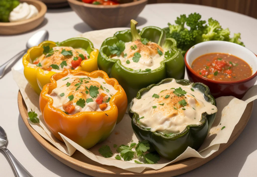 Four colorful bell peppers stuffed with creamy broccoli and cheese filling, garnished with fresh parsley and served with salsa on the side.