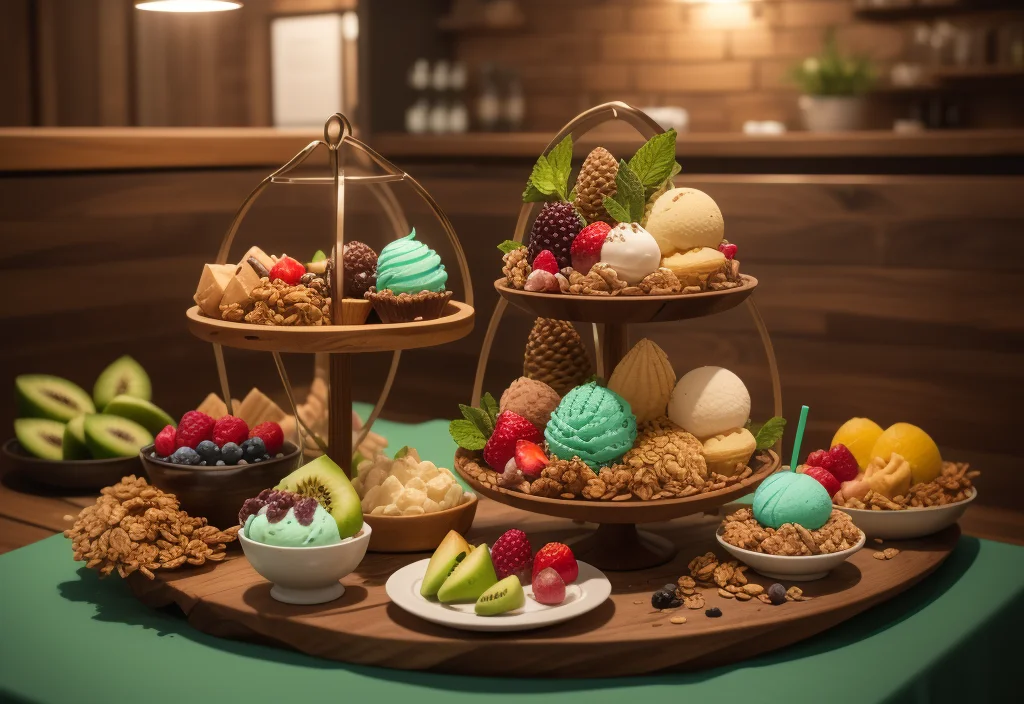 A tiered wooden dessert stand featuring ice cream scoops, fruits, and macarons, an elegant presentation for any Ninja Creami Recipe creation.