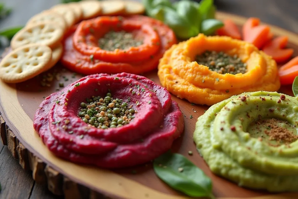 A wooden platter with colorful Authentic Traditional Hummus varieties in red, orange, yellow, and green, garnished with spices and served with crackers and vegetables.