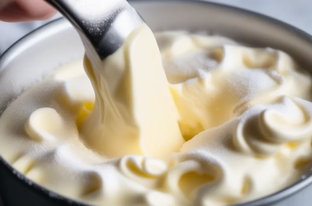 A fluffy whipped butter mixture being stirred with a metal spatula.