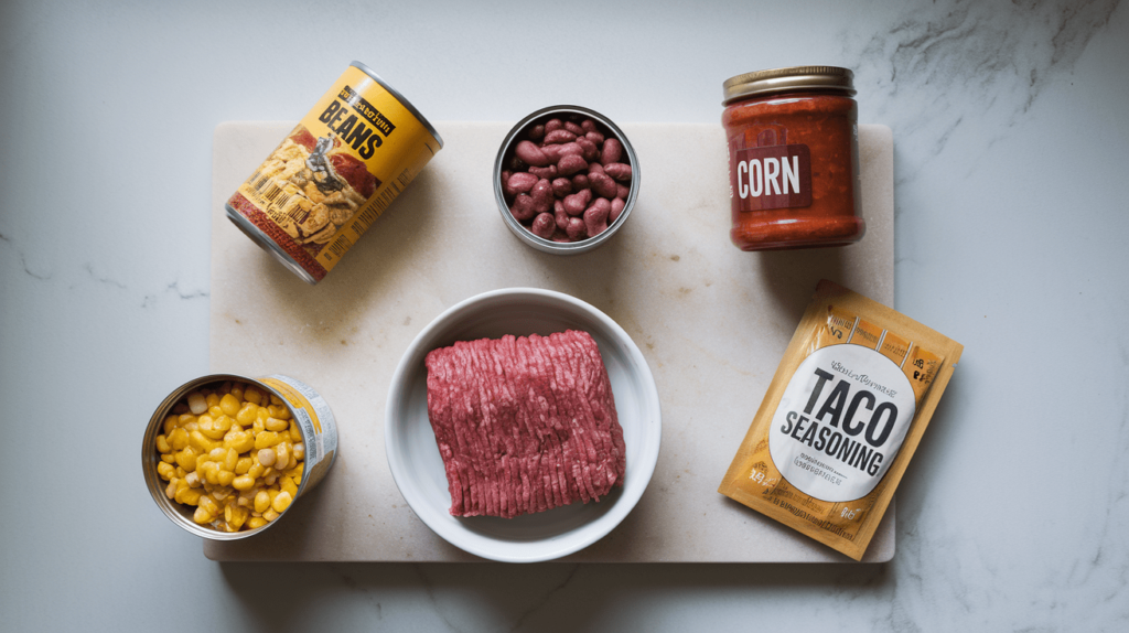 The five key ingredients for 5-ingredient taco soup: ground beef, canned beans, corn, salsa, and taco seasoning.