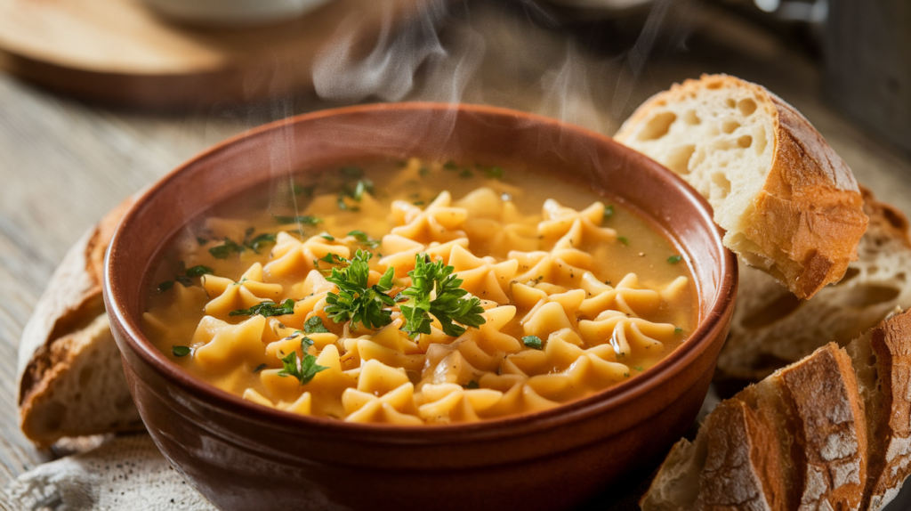 A warm bowl of pastina soup with star-shaped pasta in a rich chicken broth.