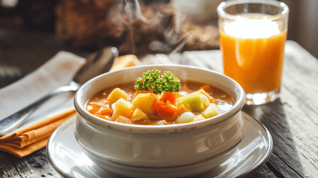 A bowl of steaming breakfast soup with diced hashbrowns and vegetables, garnished with parsley.