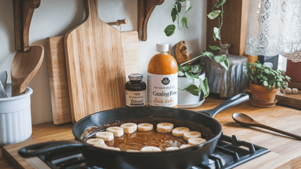 A skillet of caramelized bananas with orange juice and vanilla extract nearby