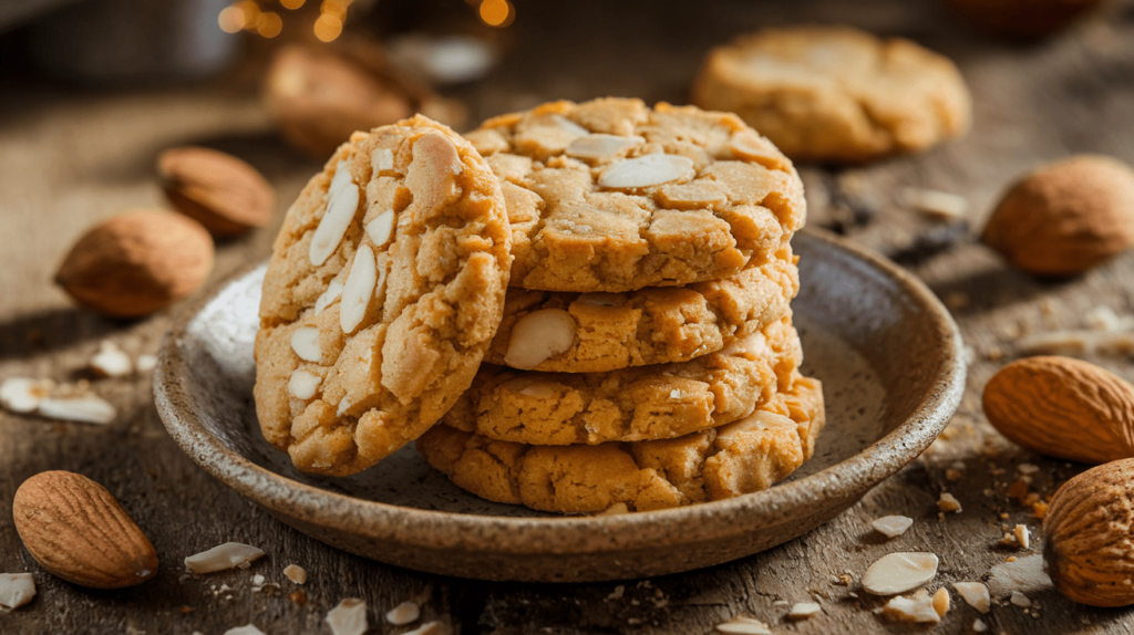 Golden almond butter cookies stacked on a rustic plate, with a few scattered almonds around.