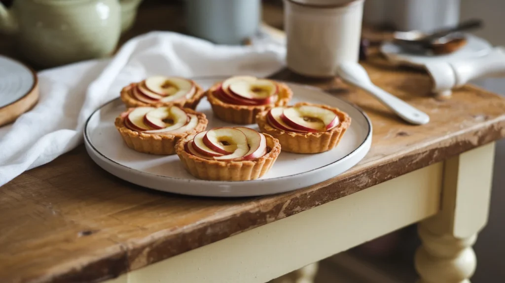 Mini apple cinnamon tartlets on a white plate, topped with a light honey glaze.