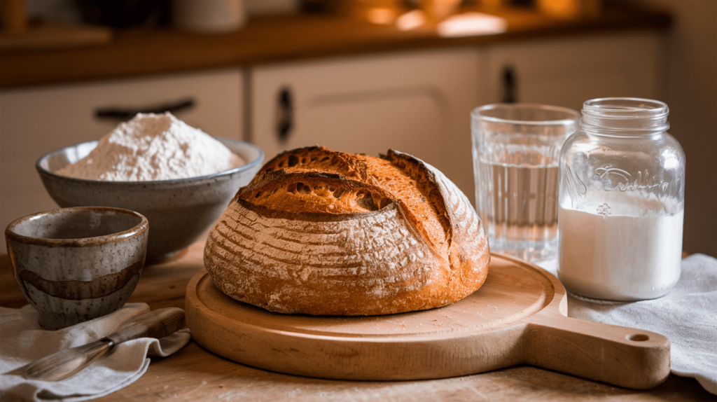 A rustic artisanal sourdough loaf surrounded by basic ingredients like flour, water, and a jar of sourdough starter.