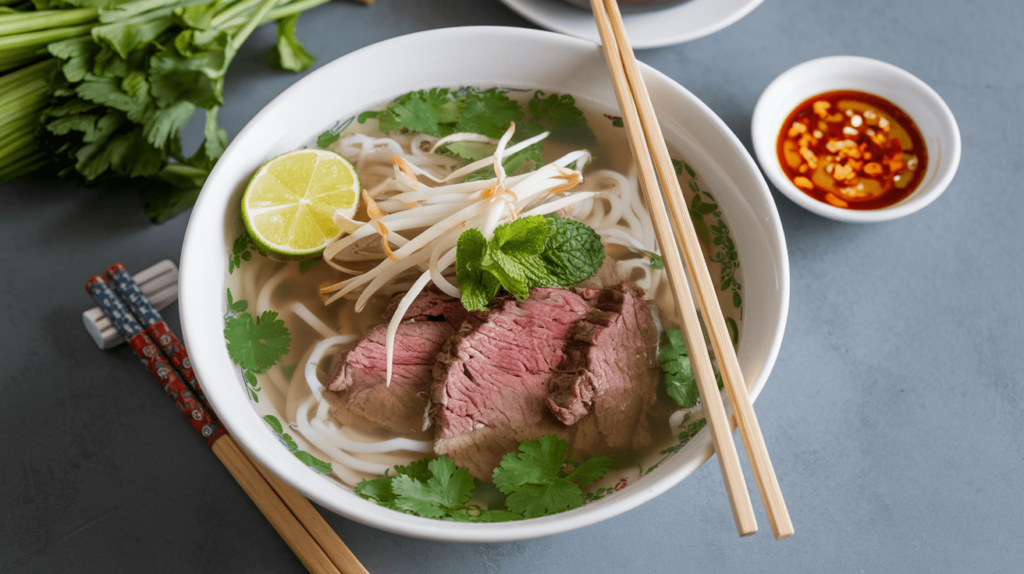 A bowl of Vietnamese pho with rice noodles, beef, and fresh herbs.