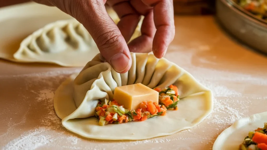 A dumpling wrapper with filling and a cube of gelée in the center, being folded into a pouch.