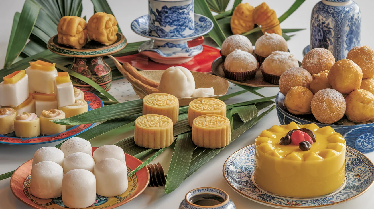 A vibrant display of assorted Asian desserts, including mochi, mooncakes, bingsu, gulab jamun, and mango pudding, styled with traditional and modern elements.