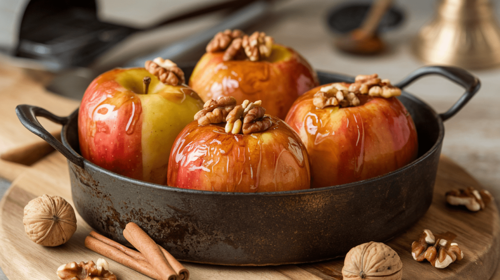 Warm baked apples filled with walnuts, cinnamon, and drizzled with honey.