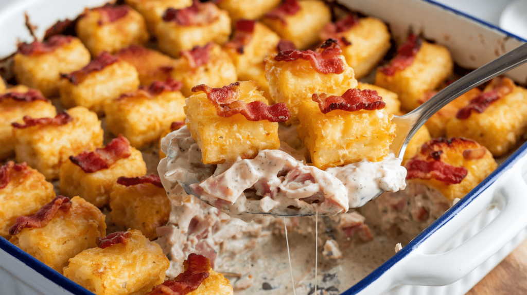 A freshly baked Chicken Bacon Ranch Tater Tot Casserole with a serving spoon scooping out a portion.