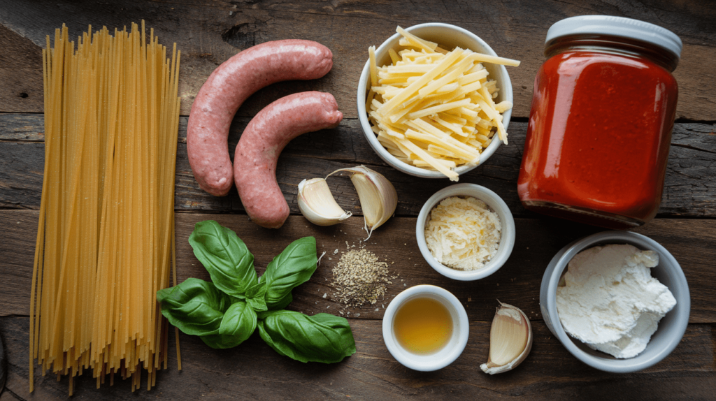 Ingredients for baked ziti laid out, including pasta, sausage, marinara sauce, cheese, garlic, and herbs.