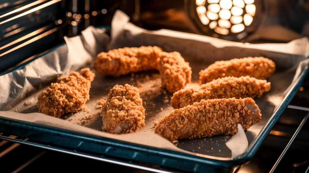 Buttermilk chicken tenders baking on a parchment-lined tray in an oven.