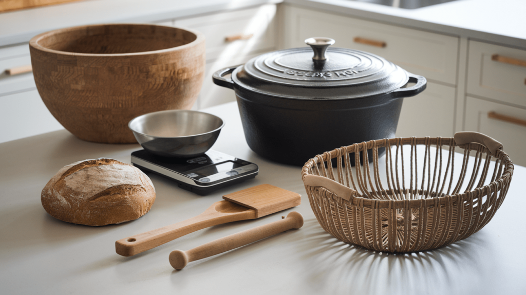 Essential baking tools for sourdough bread, including a mixing bowl, digital scale, Dutch oven, bench scraper, and proofing basket.