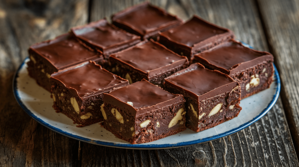 A close-up shot of moist and fudgy banana bread brownies with a glossy chocolate top.