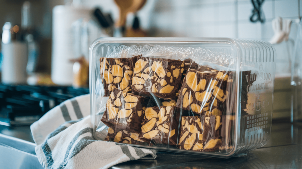 Individually wrapped banana bread brownies in plastic wrap, placed inside a freezer-safe container.