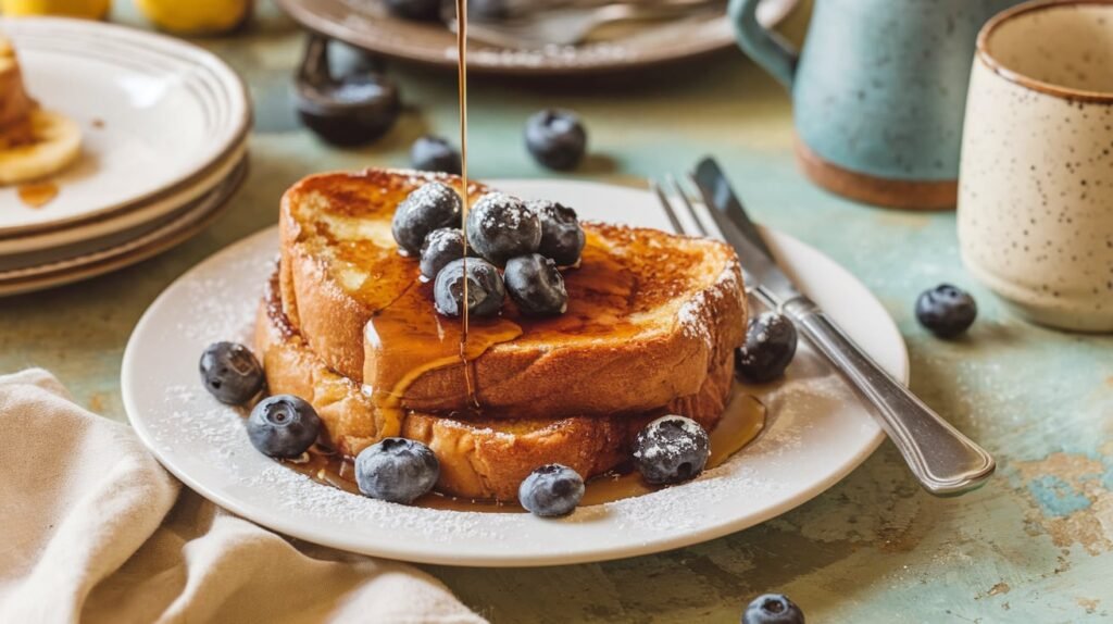 Thick slices of banana bread turned into French toast, topped with syrup and fresh berries.