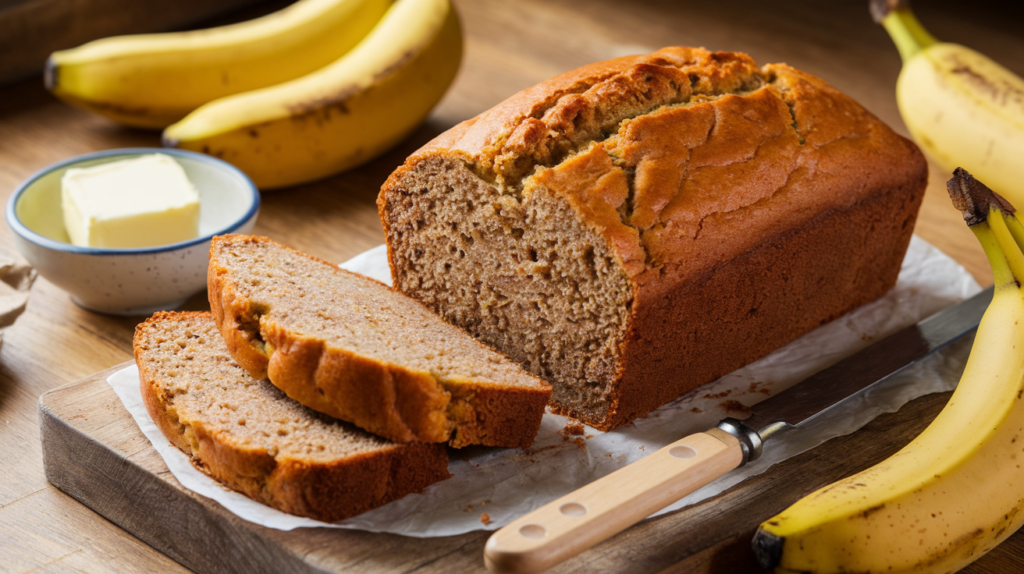 A golden loaf of banana bread sliced to reveal its moist interior, surrounded by ripe bananas and a bowl of butter, with the title "Simply Recipes Banana Bread" written above.