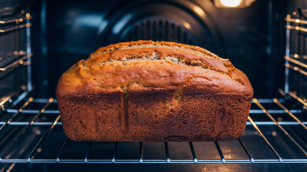 A loaf of banana bread baking in the oven, with the golden crust beginning to form.