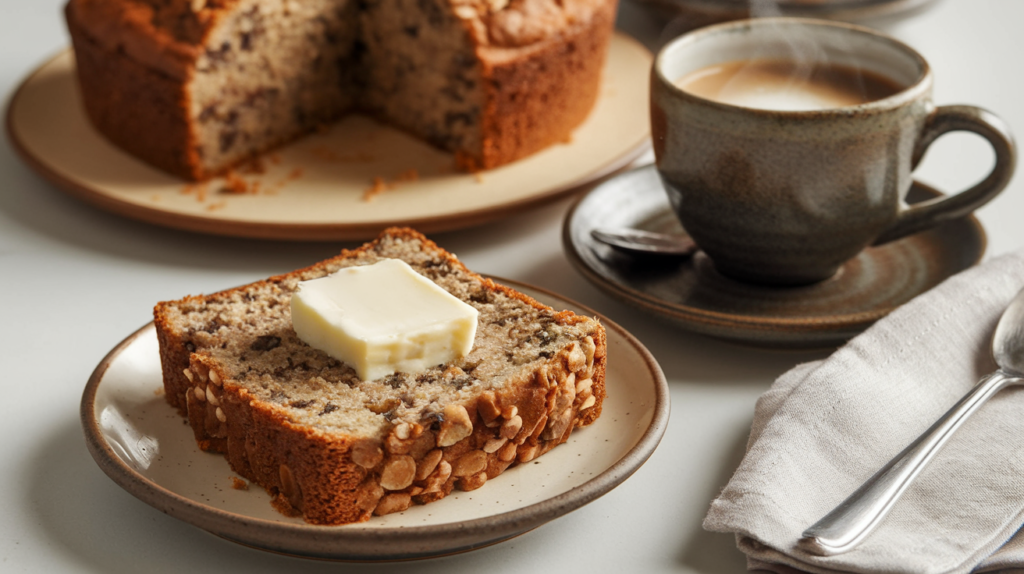 A slice of warm banana bread with butter melting on top, served on a small plate.