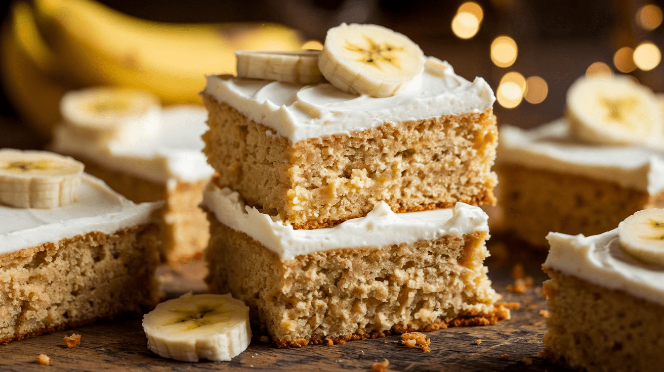 A stack of moist banana cake bars topped with creamy white cream cheese frosting, set on a wooden table with banana slices for decoration.