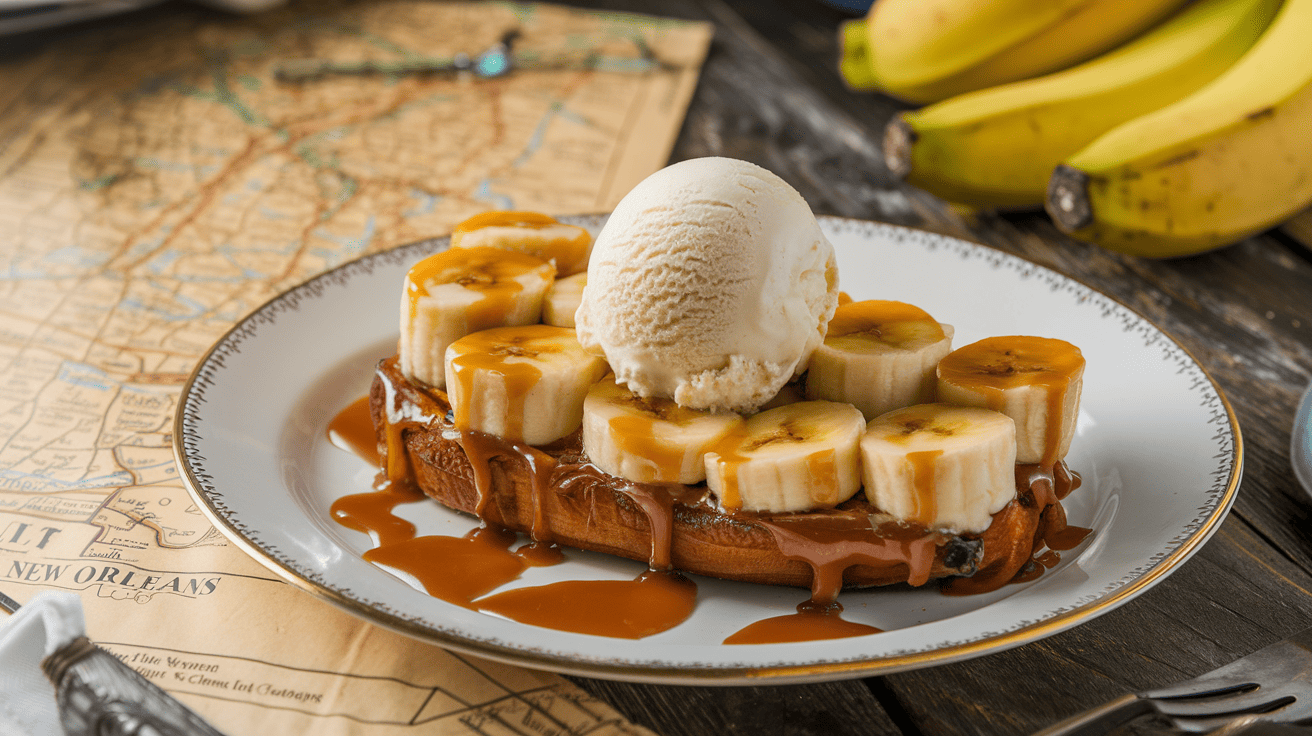 A plated Bananas Foster dessert with caramelized bananas and vanilla ice cream.