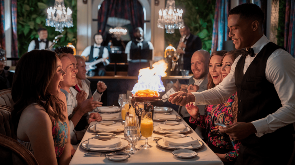 A waiter flambéing Bananas Foster tableside in a New Orleans restaurant