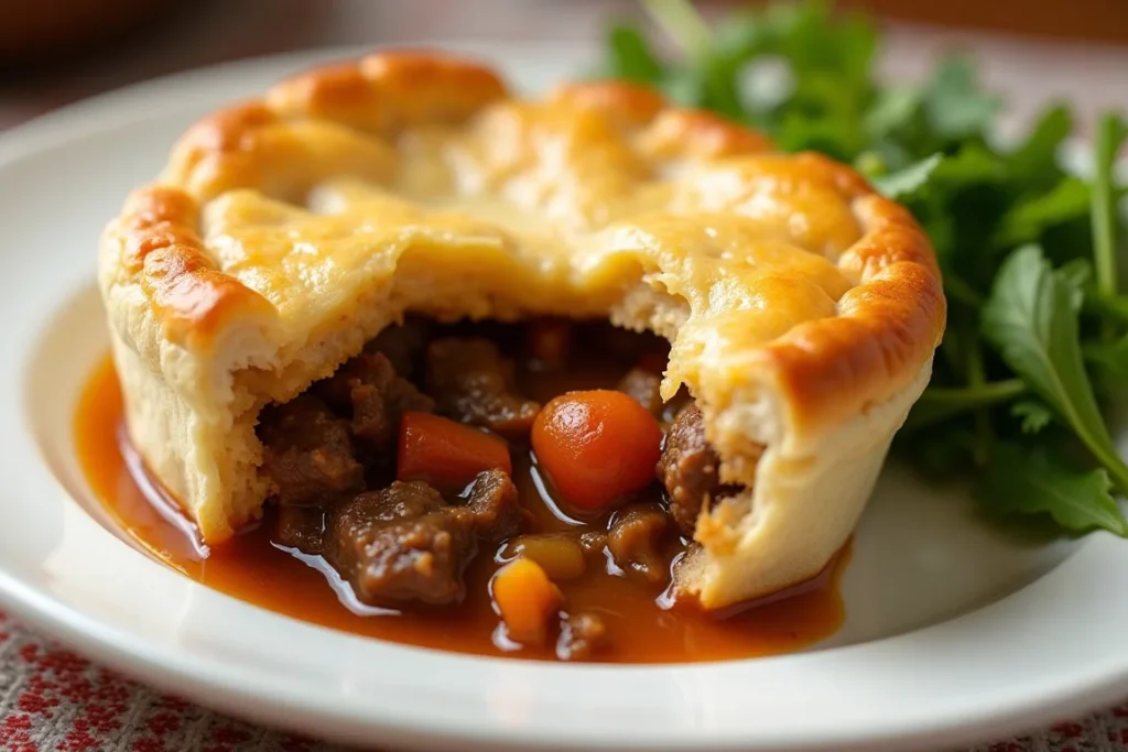 A freshly baked pot pie with golden, flaky crust and rich beef stew filling