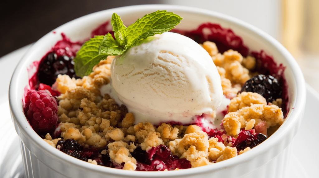 A ramekin filled with gluten-free berry crumble topped with a scoop of vanilla ice cream.