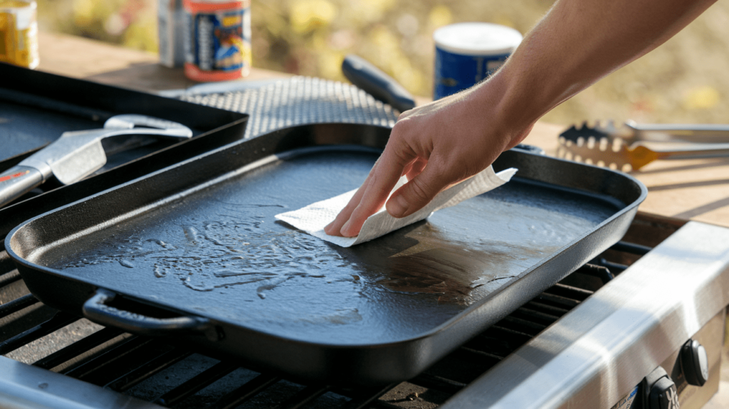 A person seasoning a Blackstone griddle with a thin layer of oil using a paper towel.