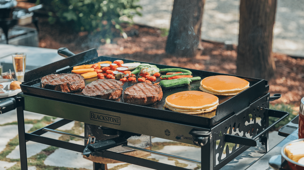 A Blackstone griddle sizzling with various foods, including steaks, vegetables, and pancakes, showcasing its versatility.