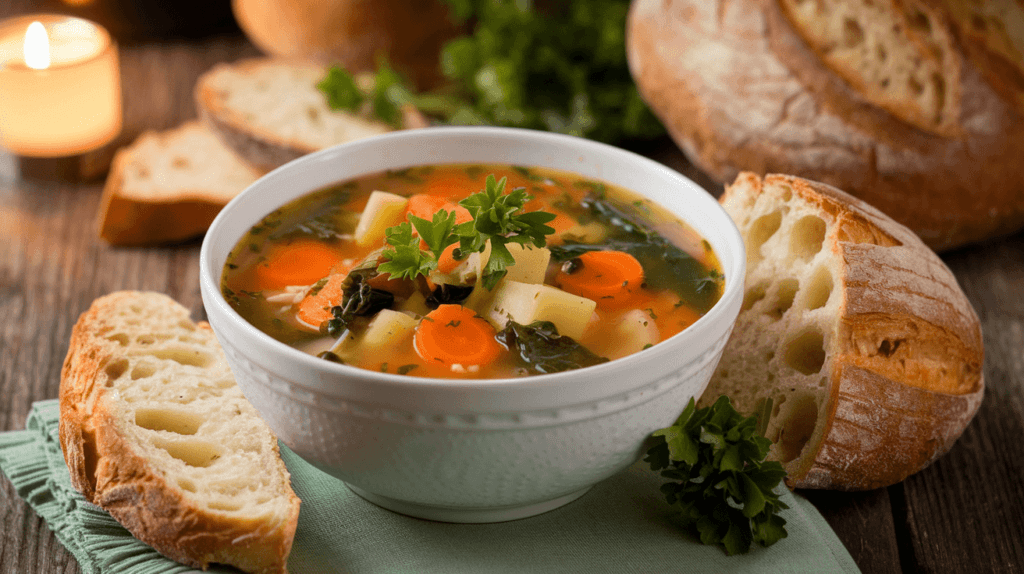 A bowl of colorful vegetable soup garnished with herbs and served with crusty bread.