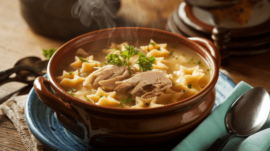 A steaming bowl of Italian Penicillin Soup with pastina, shredded chicken, and garnished parsley on a rustic wooden table.