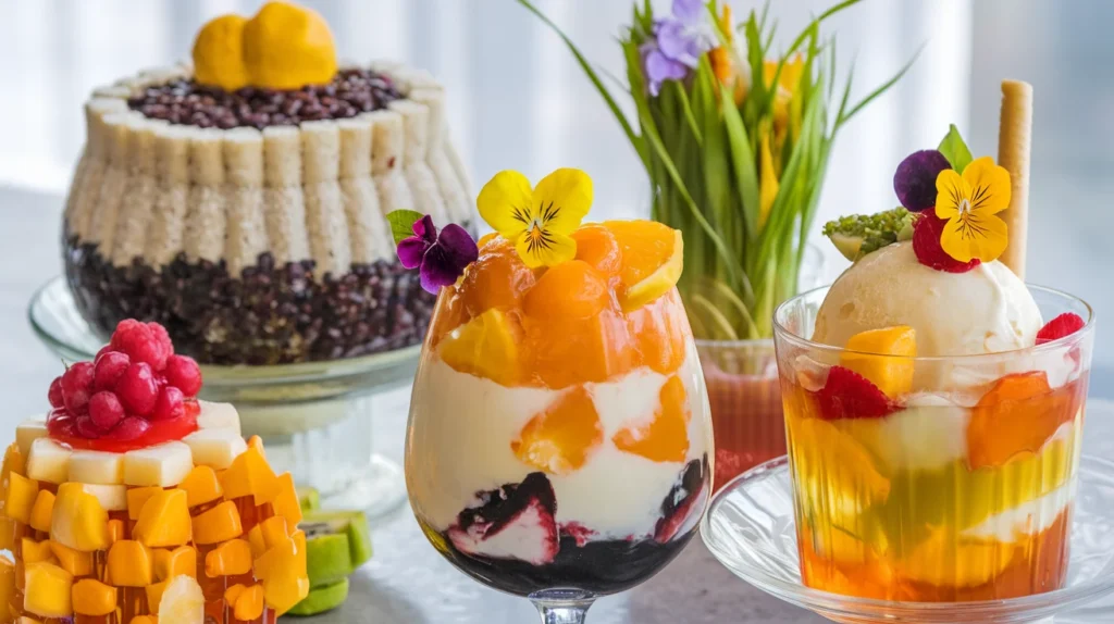 Bowls of bingsu, halo-halo, and grass jelly, topped with colorful fruits and garnishes.