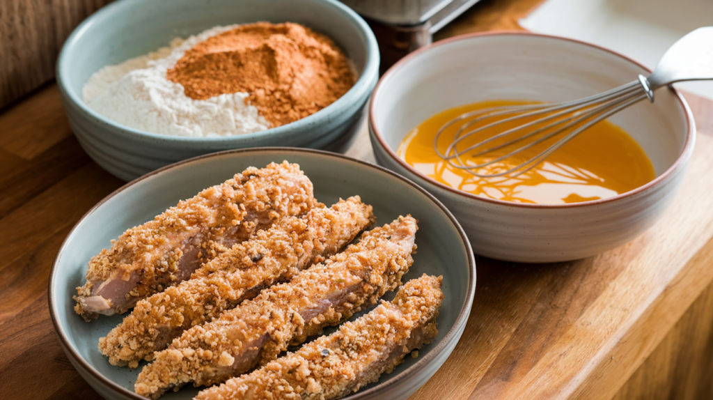 A breading station with bowls of flour, egg wash, and breadcrumbs ready for coating chicken strips.