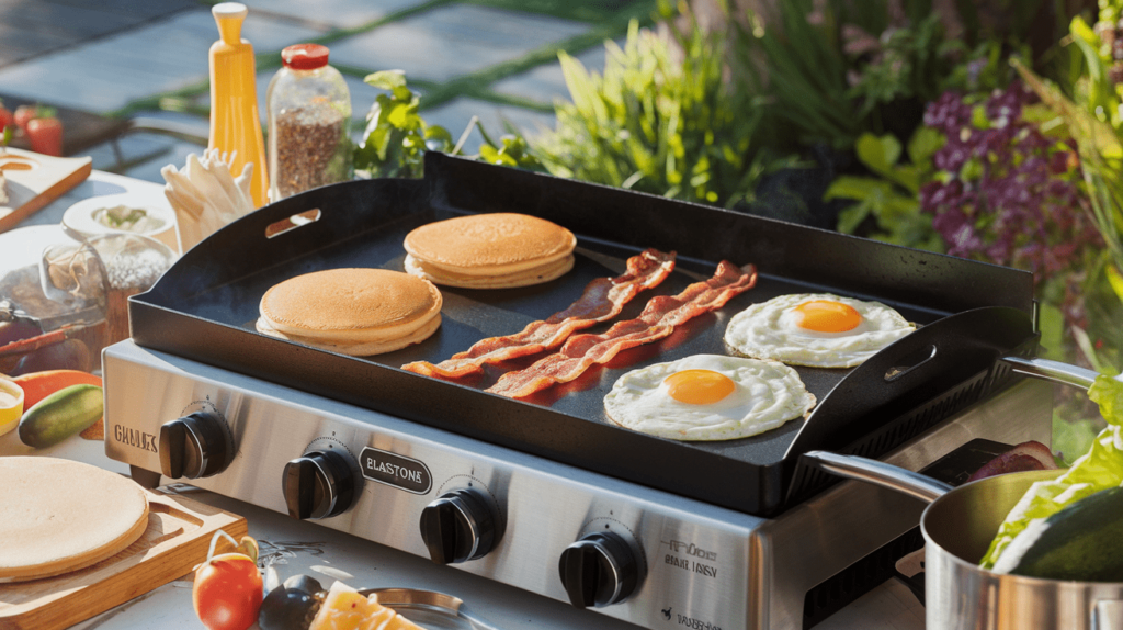 Pancakes, scrambled eggs, and bacon cooking on a Blackstone griddle in the morning sun.