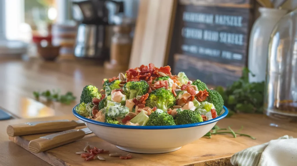 A vibrant bowl of Chicken Salad Chick broccoli salad with fresh broccoli, bacon crumbles, sunflower seeds, and creamy dressing.