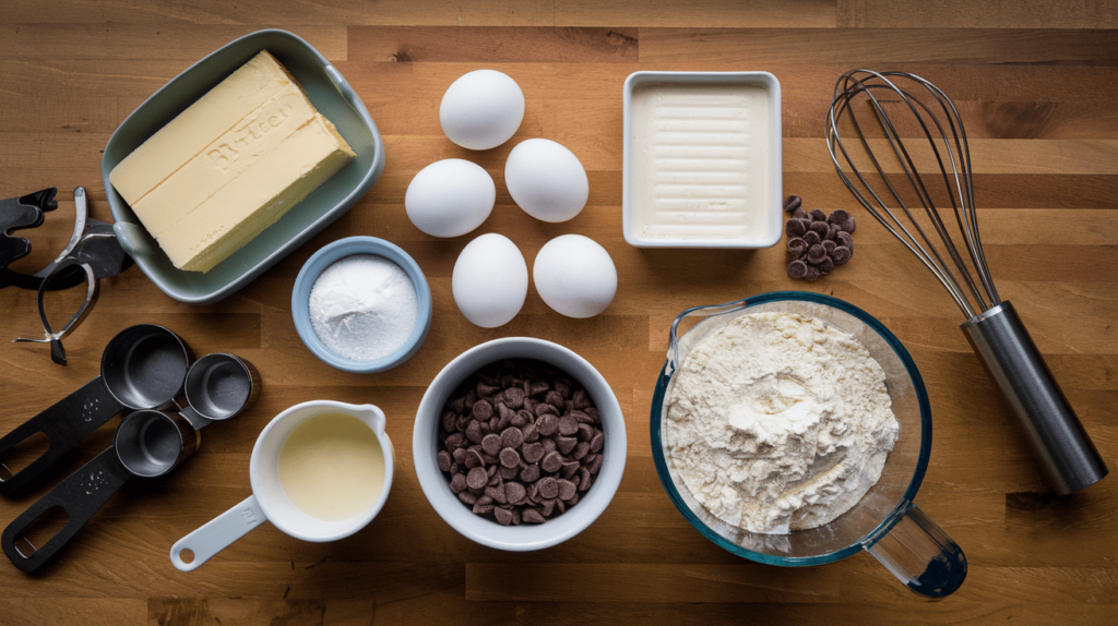 Key ingredients for making cream cheese brownies, including butter, eggs, cream cheese, chocolate chips, sugar, and flour, neatly arranged on a wooden countertop.