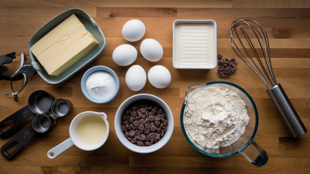 Key ingredients for making cream cheese brownies, including butter, eggs, cream cheese, chocolate chips, sugar, and flour, neatly arranged on a wooden countertop.