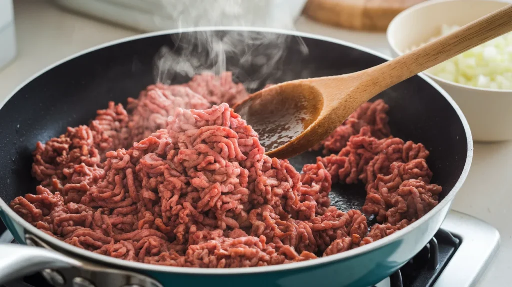 Ground beef browning in a skillet, with steam rising and a wooden spoon stirring the meat.