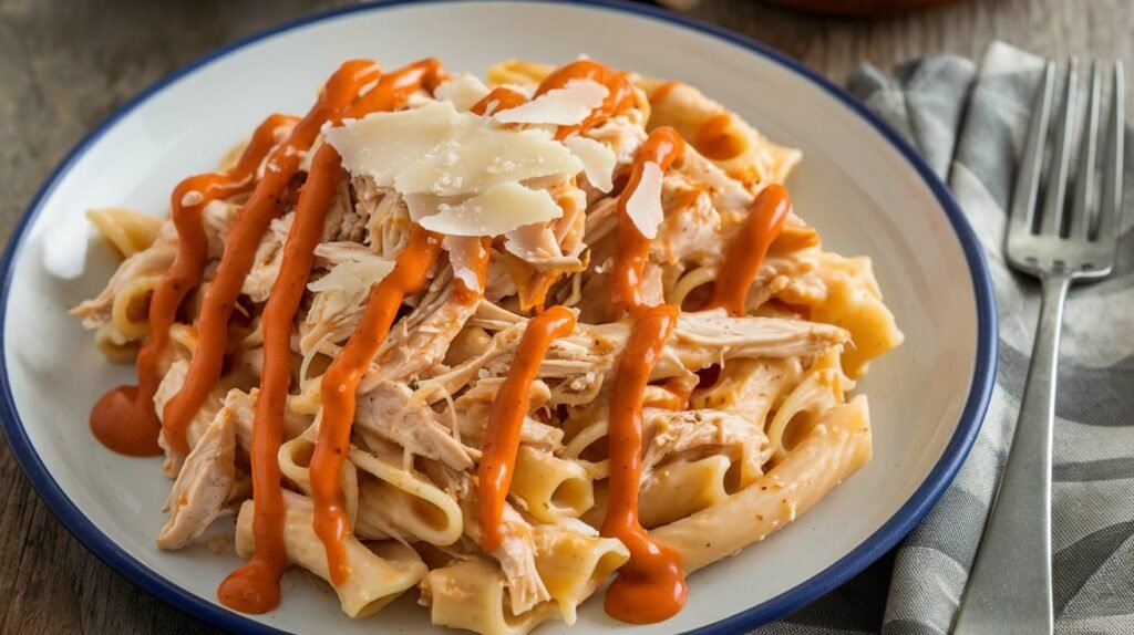 Pasta coated in a creamy garlic parmesan and buffalo sauce, topped with shredded chicken and extra parmesan.