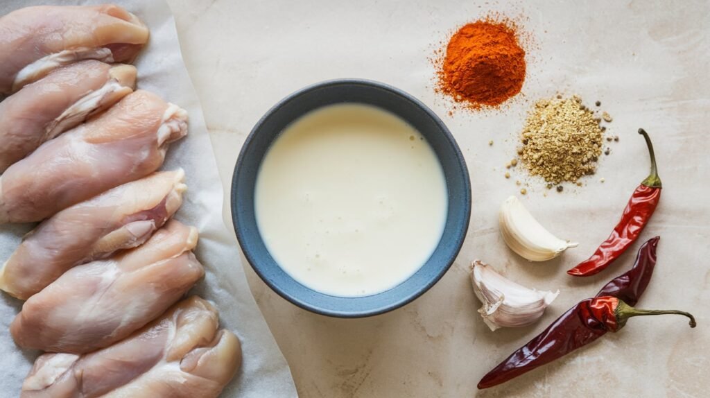 Ingredients for buttermilk marinade, including a bowl of buttermilk, spices, and raw chicken strips.