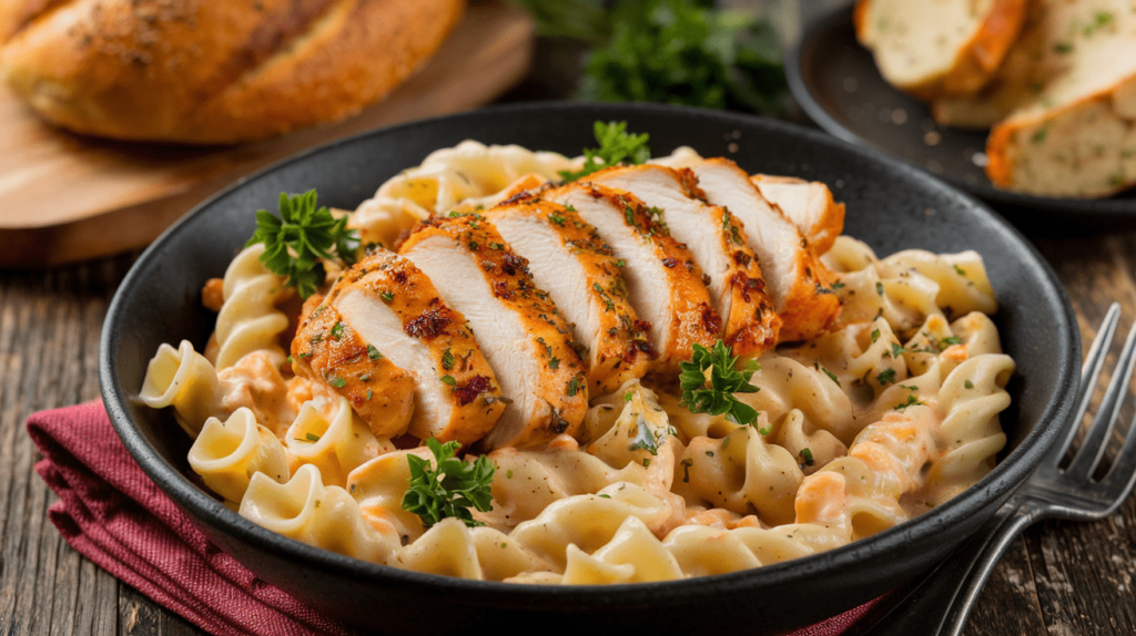 A bowl of creamy Cajun Chicken Pasta garnished with parsley and served with garlic bread.