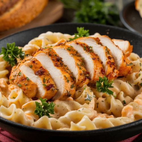 A bowl of creamy Cajun Chicken Pasta garnished with parsley and served with garlic bread.