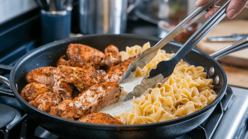 A skillet with cooked chicken slices, pasta, and creamy Cajun sauce being mixed together.