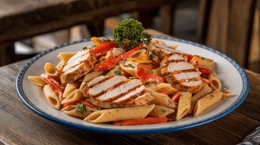 A plate of creamy Cajun chicken pasta garnished with parsley, featuring grilled chicken slices and bell peppers.