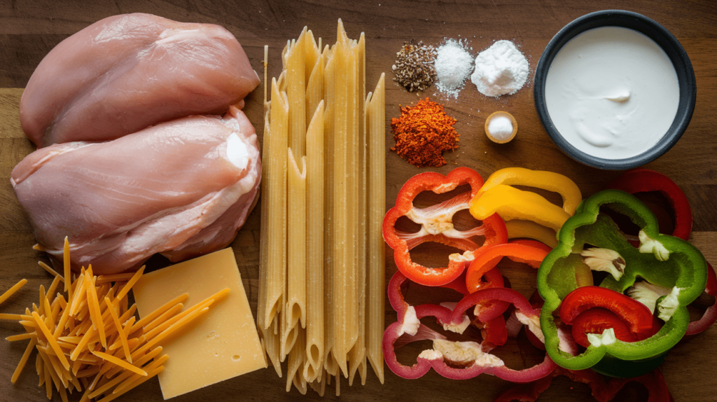 Key ingredients for Cajun chicken pasta, including raw chicken breast, uncooked penne pasta, cream, bell peppers, and spices.